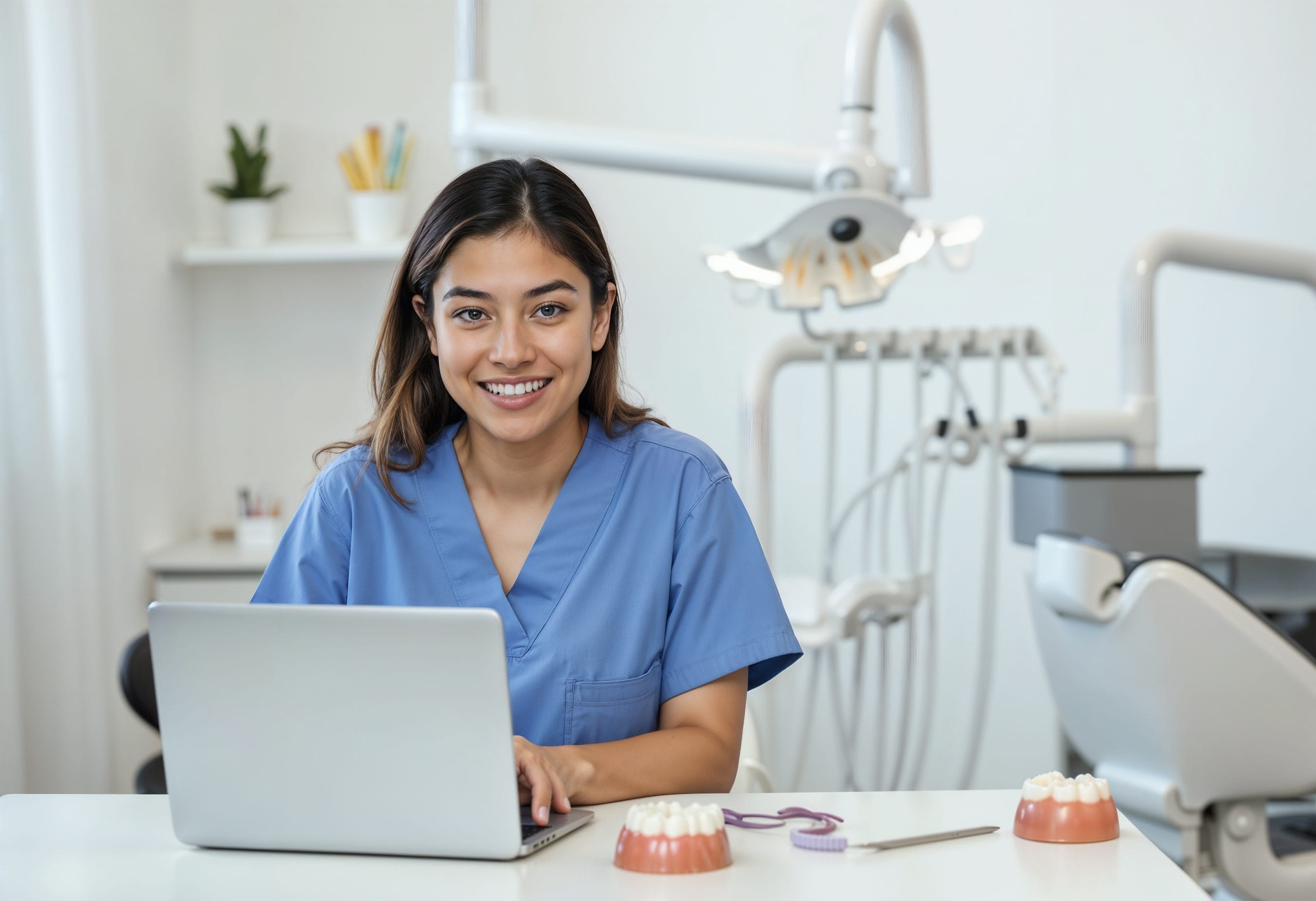 Female dental nurse completing online training within a dental practice