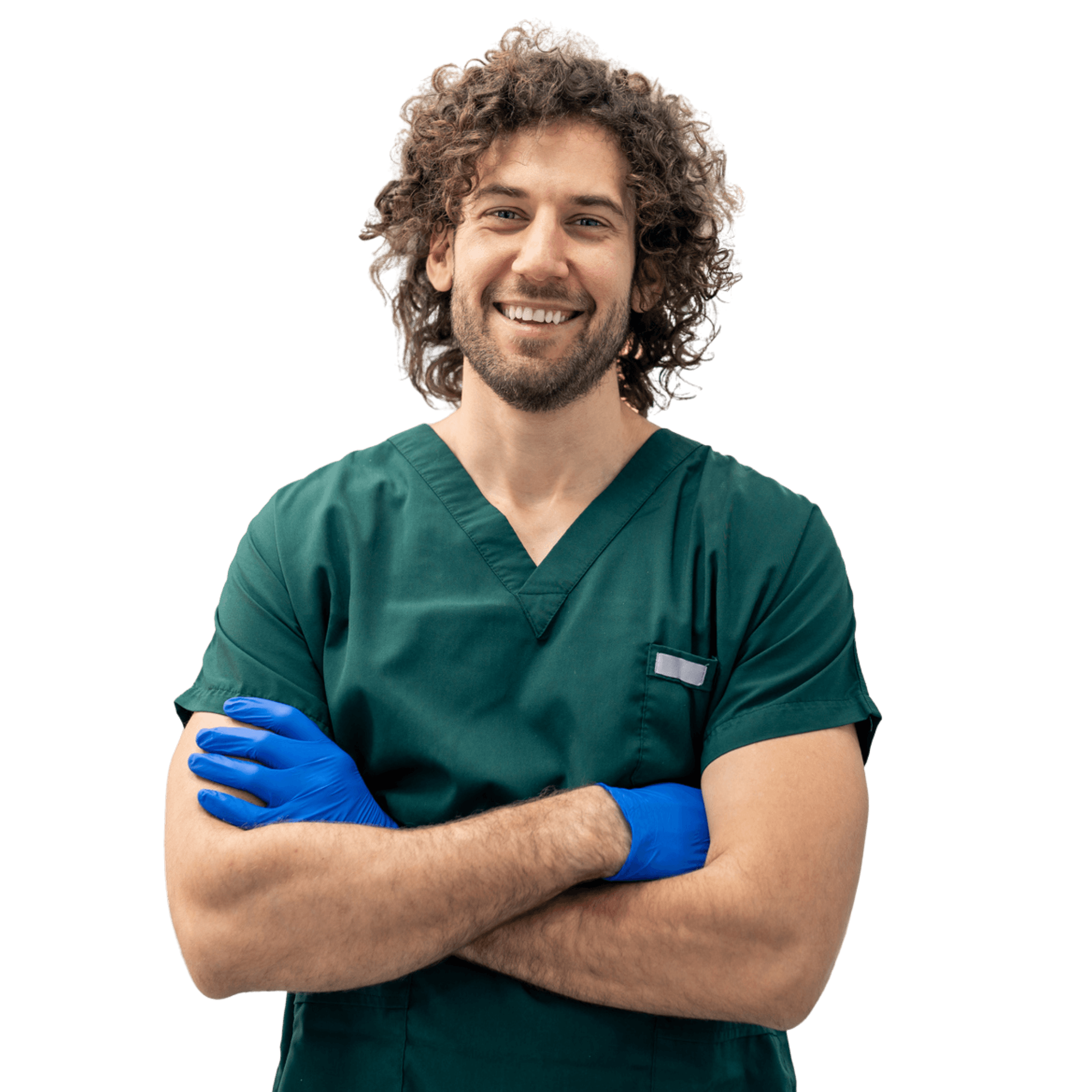Dental Manager wearing green medical scrubs