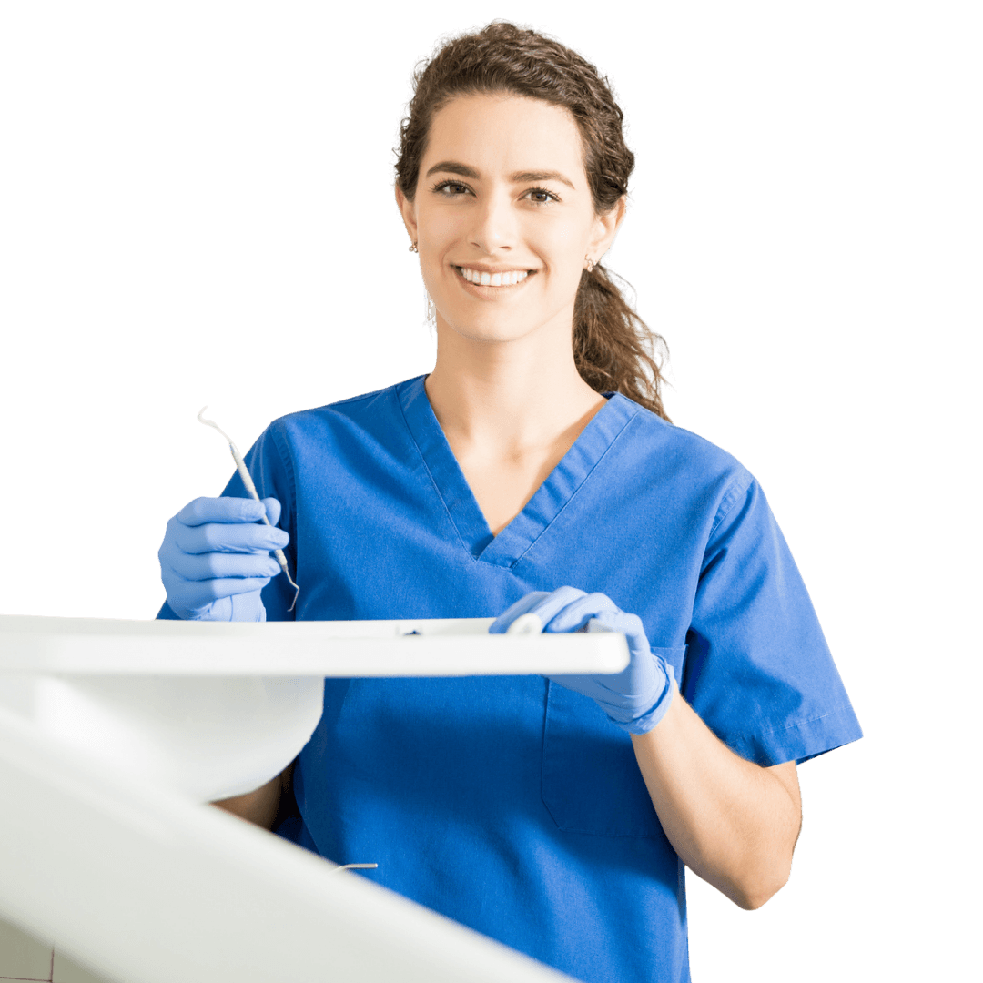 Female dental care professional with tools